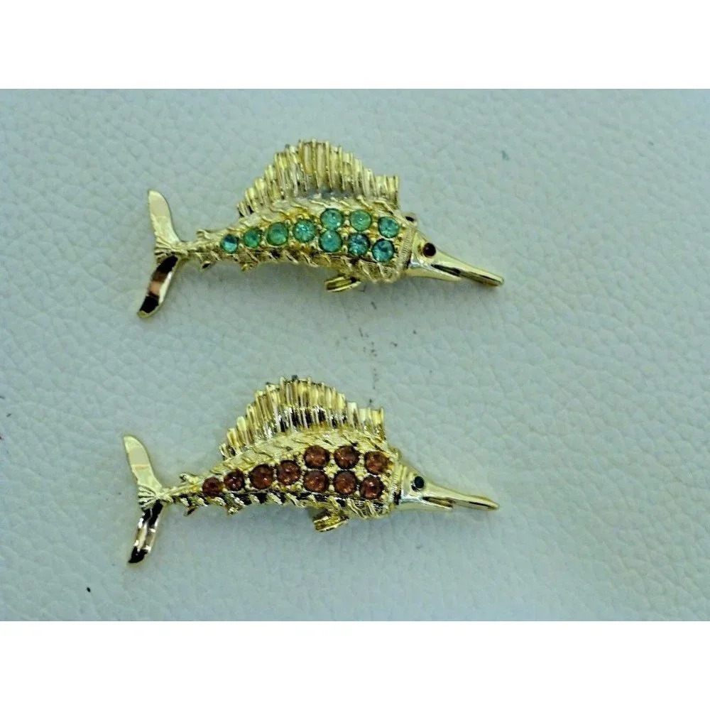 Swordfish or  Marlin Brooch Pair Vintage Pins w/ Stones Fish Marine